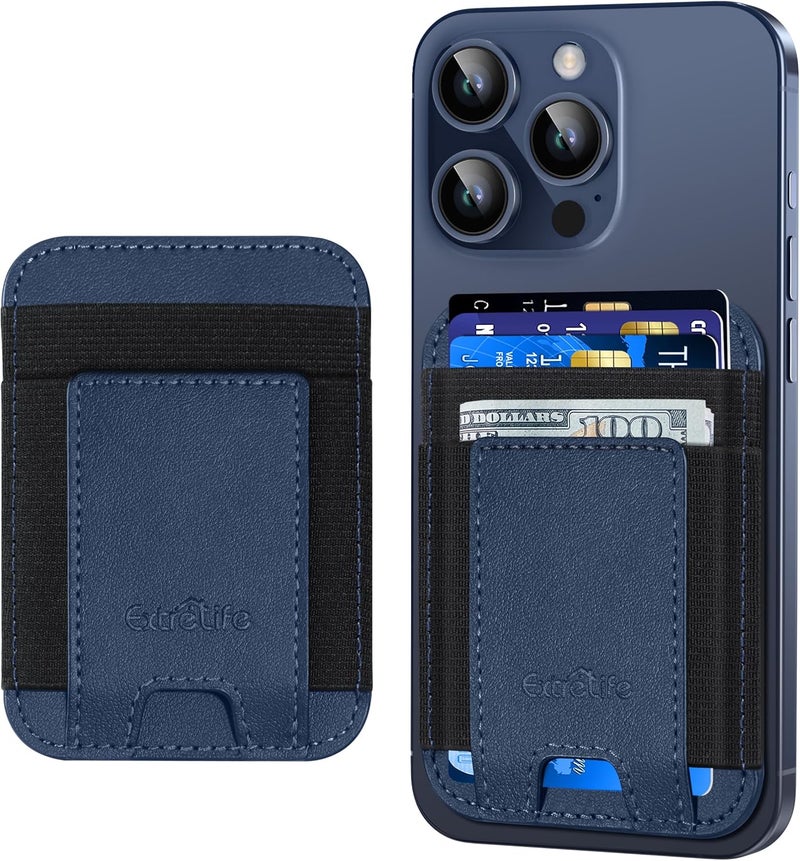 ExtreLife Phone Card Holder, Leather Phone Wallet Stick On, Stronger Adhesive Card Holder for Back of Phone, Credit Card Holder for Phone Case iPhone, Samsung, Android , RFID Blocking, Fit 7 Cards, Navy Blue - Image 1